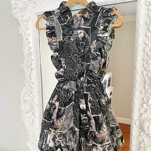 SALE New York Couture Handmade VINTAGE Fabric Cheetah Ruffle Bib Dress - Picture 3 of 6